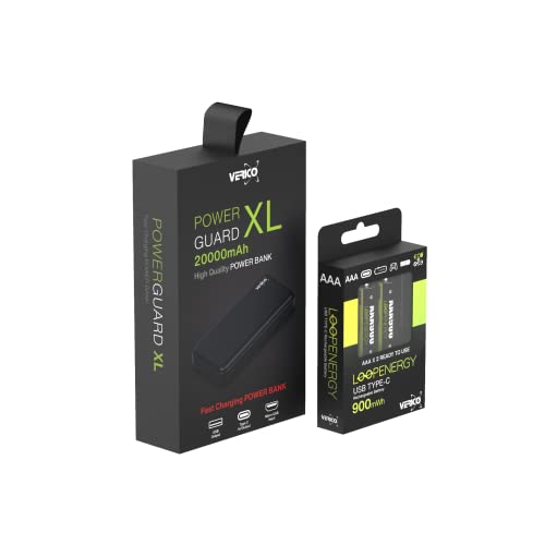 VERICO Bundle:PowerBank Power Guard XL,20.000 mAh,externer Akku,Output 2xUSB-A,Input 1xMicro-USB,1 x USB-C dazu VERICO LoopEnergy 2xAAA 900 Wiederaufladbare USB-C Batterie AAA 1,5V 900mWh 600mAh von VERICO