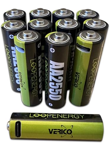 VERICO LoopEnergy AA 2550 Wiederaufladbare USB-C Batterie AA 1,5V 2550mWh (1700mAh) Li-Ion Akku, Schnellladung via USB-C Anschluss in ca. 2 Stunden, 12er Pack AA, 3 Stück Kabel USB-A auf 4 x USB-C von VERICO