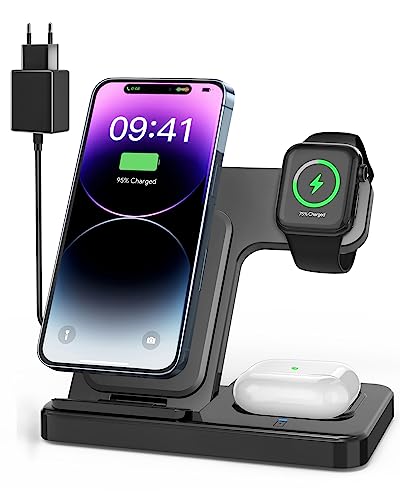 Wireless Charger für Apple: 3 in 1 Induktive Ladestation Faltbare Kabellose Ladegerät Kompatibel für i.Phone 14/13/12/11/Mini/Pro/Promax, iWatch 8/7/6/5/4/3/2 und AirP.ods Pro3/2 von VESSTT