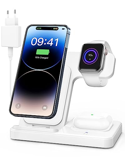 Wireless Charger für Apple: 3 in 1 Induktive Ladestation Faltbare Kabellose Ladegerät Kompatibel für iPhone 14/13/12/11/Mini/Pro/Promax, iWatch 8/7/6/5/4/3/2 und AirP.ods Pro3/2 von VESSTT