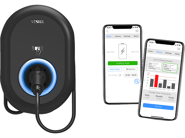 VESTEL EVC04-AC22SW-T2P HOME SMART Wallbox Ladestation für Elektrofahrzeuge, 22 kW, Kabellänge: 5 m von VESTEL