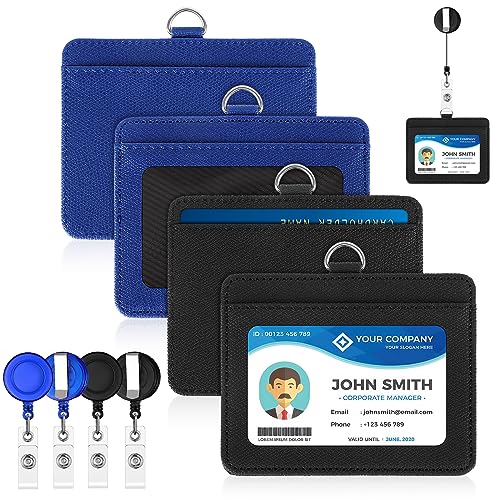 4 Stück PU Leder Ausweishalter, mit Einziehbarer Ausweisjojo, Schlüsselanhänger Ausweishülle mit band Kartenhalter Zugangskarten Card Badge Holder(Schwarz+Blau) von VEUWOLM