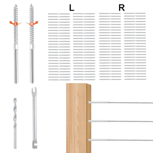 VEVOR 102 Stück Kabelgeländer-Swage Gewindebolzen Spannendfitting Terminal für 3,2 mm Deck-Kabelgeländer, T316 Edelstahl, Kabelgeländerspanner 3,2 mm für Holz-/Metallpfosten, Silber von VEVOR