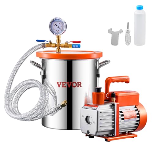 VEVOR 11,36L Vakuumkammer & 3,5 CFM Pumpe, Edelstahlkammer, einstufiges Vakuumpumpen-Entgasungskammerset, mit Acryldeckel, Öl, 1,5 m Schlauch, Vacuum Pump Kit zum Entgasen von Harz-Silikon-Epoxiden von VEVOR