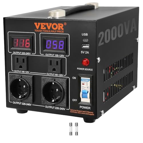 VEVOR 2000W Spannungswandler Transformator AC 110V⇋220V Transformer Wandler 2X US NEMA 5-15R 3-polige/2x standardmäßige europäische Shucko-Ausgangssteckdosen, 1x 5V-USB-Anschluss, 1x Typ-C-Buchse von VEVOR
