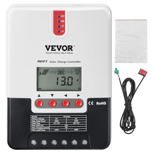 VEVOR 20A 12/24 V MPPT Solarladeregler Solarregler Solarmodul Laderegler mit LCD-Bildschirm RS232-Schnittstelle, externes Bluetooth-Steuermodul (optional) Ladereglerzubehör von VEVOR