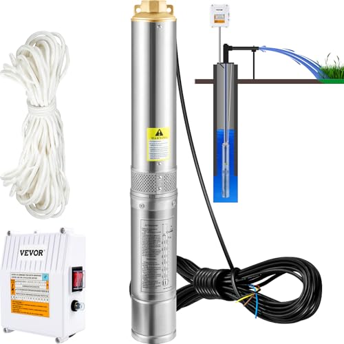 VEVOR 4" Tiefbrunnenpumpe 370W Brunnenpumpe 110L/min Tauchpumpe max. Förderhöhe 44m Rohrpumpe 230V 50Hz Sandpumpe Edelstahl Wasserpumpe 0-40℃ Pumpe Ideal zum Bewässern Wasser-Versorgen Entwässern von VEVOR