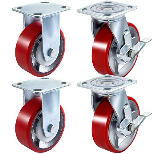 VEVOR 4er-Pack 6 x 2 Zoll Lenkrollen, 2 starre und 2 Lenkrollen mit Seitenbremse, Schwerlastrollen Polyurethan-Eisenkernplatte, Industrierollen 1000 Pfund (ca. 454 kg) Kapazität pro Rad von VEVOR