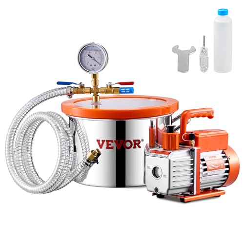 VEVOR 5,68 L Vakuumkammer und 3,5 CFM Pumpe, Edelstahlkammer, 1-stufiges Vakuumpumpen-Entgasungskammerset, mit Acryldeckel, Öl, 1,5 m Schlauch, Vacuum Pump Kit zum Entgasen von Harz-Silikon-Epoxiden von VEVOR