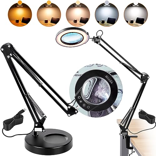 VEVOR 64 LED Lupenleuchte Lupenlampe Arbeitsleuchte mit Ständer Arbeitsplatzlampe Tischlampe 5xVergrößerung, 5-Farben-Dimmung, 110mm Glaslinse, Smart-Head-Touch-Control Ideal zum Arbeiten Lernen Lesen von VEVOR