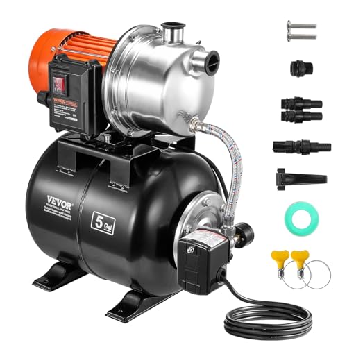 VEVOR 735 W Gartenpumpe, 3785 L/H, automatische Bewässerungspumpe mit 39,6 m Förderhöhe, Kreiselpumpe mit 20/40 PSI Druckschalter, Flachbrunnenpumpe, Edelstahl-Pumpenkopf für Hausgarten & Rasen von VEVOR