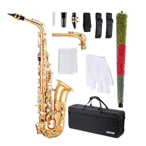 VEVOR Altsaxophon, E-flach, Messing-Saxophon, Anfänger-Set mit Tragetasche, Mundstück, Riemen, Reinigungstuchstange, Handschuhen, Fett, Umhängeband, 23 Tasten, Altsaxophon-Set, für Anfänger, Studenten von VEVOR
