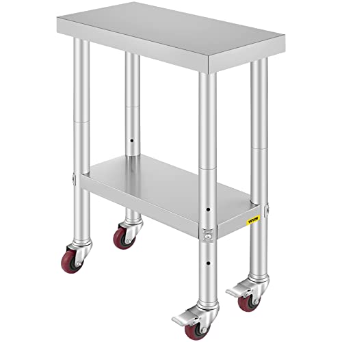 VEVOR Arbeitstisch 61 x 30 x 85 cm Edelstahl Catering Arbeitstisch Belastbarkeit 150 kg, Lebensmittel Zubereitungstisch mit Nachlauf Gewerbliche Arbeitstisch für Küche Bar 4 verstellbare Füße von VEVOR