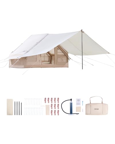 VEVOR Aufblasbare Zelte für Camping 3x2x2 m, 3–5 Personen, 300D Oxford 4-Jahreszeiten-Glamping-Zelt mit Baldachin, Handpumpe, Ofenanschluss, 2 Türen & 2 Netzfenstern (Aufbewahrungstasche inkl.) von VEVOR