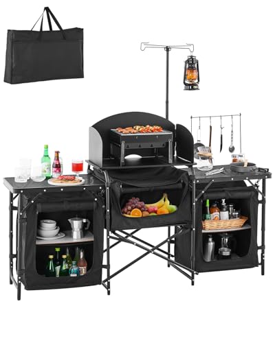 VEVOR Camping Küchentisch Outdoor Kochtisch, tragbare Kochstation aus Aluminium mit 3 Lagerschränken& Tragetasche, & Abnehmbarer Windschutzscheibe, für Grillpartys Picknicks Wohnmobilreisen schwarz von VEVOR