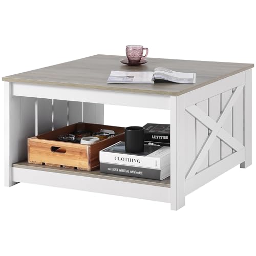 VEVOR Couchtisch Kaffeetisch im Farmhouse-Stil, quadratischer Couchtisch mit offenem Ablagefach, 81,7 kg belastbar rustikaler Cocktailtisch aus Holz für Wohnzimmer Schlafzimmer Studio (Grau + Weiß) von VEVOR