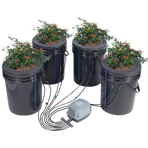 VEVOR DWC Hydroponics Grow System, Hydroponisches Anbausystem mit Top-Drip-Kit, Deep Water Culture 5-Gallonen-4-Eimer, mit Luftpumpe, Luftsteinen und Wasserstandsanzeige für Blattgemüse von VEVOR