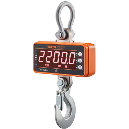VEVOR Digitale Hängewaage 9 bis 1000kg Kranwaage lbs/kg/N Zugwaage 0,2kg Genauigkeit Wildwaage Industriewaage LED-Display Hängende Waage Mini tragbare Waage mit Fernbedienung 9 Funktionen von VEVOR