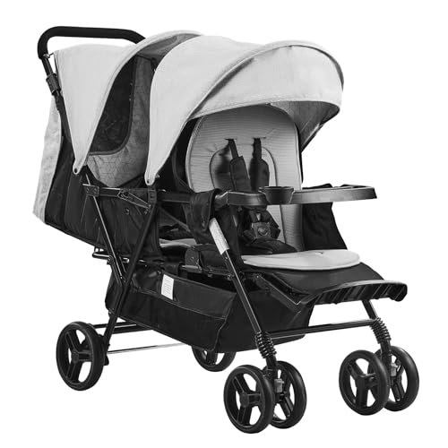 VEVOR Doppelkinderwagen, faltbarer, leichter Zwillingskinderwagen mit Tandemsitz, verstellbarer Rückenlehne/Fußstütze, Rundum-Sicherheitsgurt, Aufbewahrungskorb und Tablett von VEVOR
