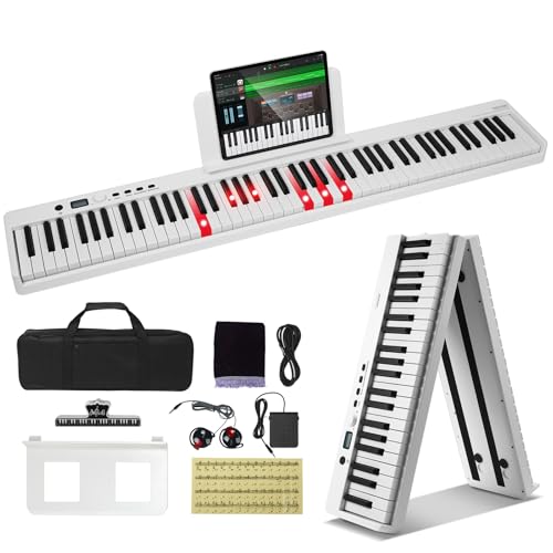 VEVOR E Piano 88 Tasten Faltbares Digital Piano Bluetooth MIDI tragbares elektronisches digitales Klappklavier mit Sustain-Pedaltasche berührungsempfindlichen Tasten Kopfhörern wiederaufladbar weiß von VEVOR