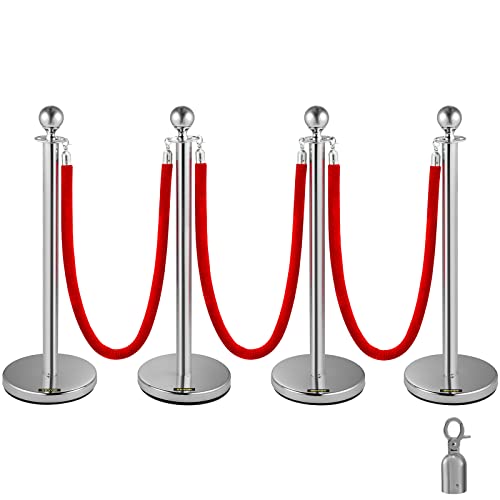 VEVOR Edelstahl Absperrpfosten Seil Abgrenzungsständer Kugelkopf 3 Rote Samtseile Silberne Säule 4 Packung Crowd Control Barriers von VEVOR