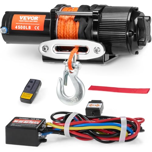 VEVOR Elektrische Seilwinde, 2041 kg, Elektrowinde 12 V DC für Geländefahrzeuge/UTVs, Motorwinde mit 12-strängigem Synthetikseil (Φ0,6 x 1188,7 cm), Aluminium-Seilführung, Fernbedienungen, IP55 von VEVOR
