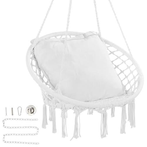 VEVOR Hängesessel, 150 kg Tragkraft, Makramee-Hängesessel mit Kissen und Befestigungsmaterial, Schaukelstuhl aus Baumwollseil für Schlafzimmer, Balkon, Terrasse, Garten, Weiß VEVOR Hängesessel, 150 kg Tragkraft, Makramee-Hängesessel mit Kissen und Befestigungsmaterial, Schaukelstuhl aus Baumwollseil für Schlafzimmer, Balkon, Terrasse, Garten, Weiß von VEVOR