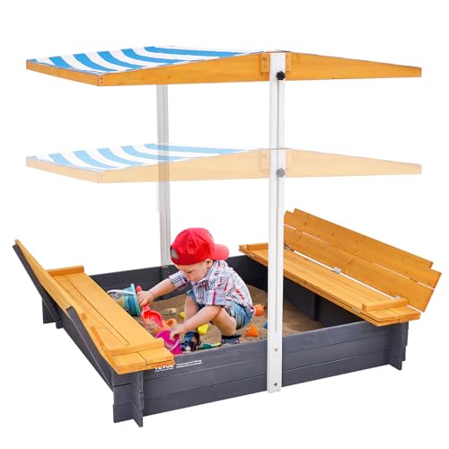 VEVOR Holzsandkasten mit Überdachung, Sandkasten, Sandgrube mit klappbaren Sitzbänken und Bodeneinlage, Naturholz-Sandkasten für Kinder für den Garten, Geschenk für Kinder im Alter von 3–12 Jahren von VEVOR