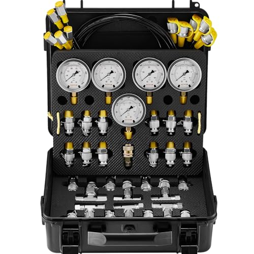 VEVOR Hydraulikdruck-Testkit, 10/100/250/400/600 bar, 5 Messgeräte, 13 Kupplungen, 14 T-Anschlüsse, 5 Testschläuche, Bagger-Hydraulik-Testmanometer-Set mit Tragetasche für Bagger-Traktoren-Maschinen von VEVOR