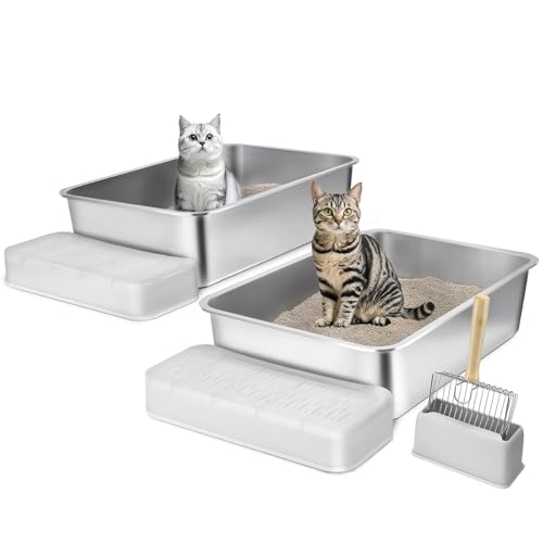 VEVOR Katzenklo 2er-Set, 600 x 400 x 150 mm, XL extragroße Katzentoilette aus Edelstahl mit Schaufel, breitem Filter-Fußteil & hohem Rand, geruchsfreie, geruchsfreie Schalentoilette für große Katzen VEVOR Katzenklo 2er-Set, 600 x 400 x 150 mm, XL extragroße Katzentoilette aus Edelstahl mit Schaufel, breitem Filter-Fußteil & hohem Rand, geruchsfreie, geruchsfreie Schalentoilette für große Katzen von VEVOR