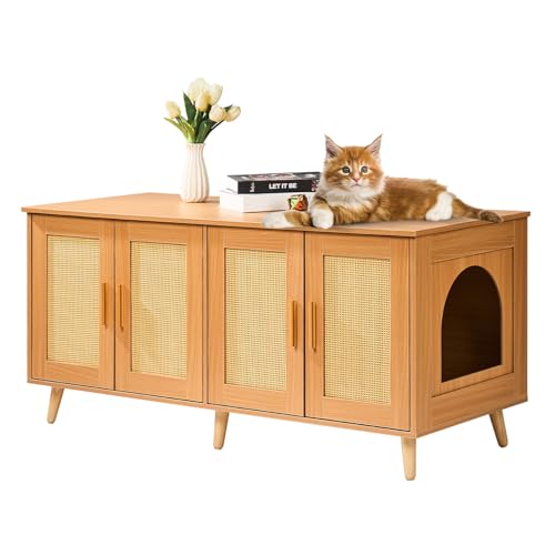 VEVOR Katzentoilettengehäuse für 2 Katzen, Katzentoilettenmöbel versteckt mit Rattan-verzierten Türen, Katzentoilettenschrank aus Holz passt in die meisten Katzentoiletten,Natur VEVOR Katzentoilettengehäuse für 2 Katzen, Katzentoilettenmöbel versteckt mit Rattan-verzierten Türen, Katzentoilettenschrank aus Holz passt in die meisten Katzentoiletten,Natur von VEVOR