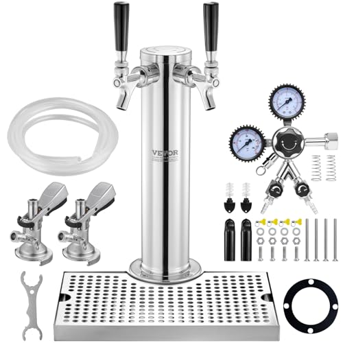 VEVOR Kegerator-Turm-Kit, Bier-Umrüstsatz mit zwei Zapfhähnen, Bier-Turmspender aus Edelstahl mit Doppelmessgerät W21.8-Regler und A-System-Fasskupplung, Bier-Tropfschale für Partys zu Hause von VEVOR