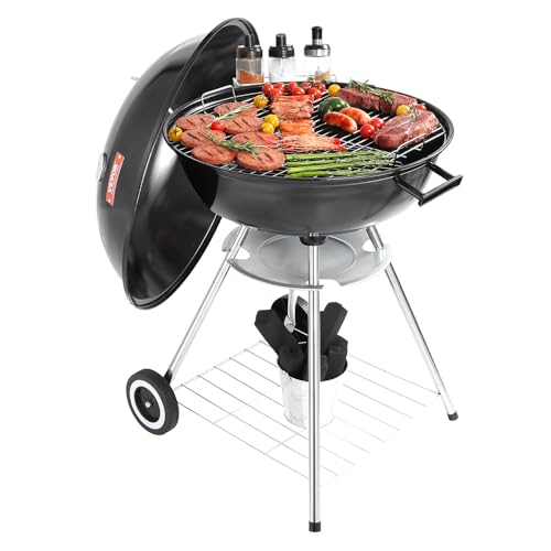 VEVOR Kettle Holzkohlegrill Kugelgrill 56 cm tragbar, Barbecue Kugelgrill mit Deckel, Leckeres BBQ, Picknickgrill mit großer Grillfläche, Holzkohle, Schwarz, 63 x 82 x 88 cm Holzkohle Rundgrill Reise von VEVOR