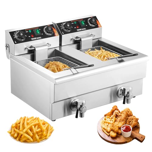 VEVOR Kommerzielle Elektrische Fritteuse, 11 x 2 L Fassungsvermögen, Fritteuse mit Doppeltem & Abnehmbarem Korb, 3000 W x 2 Edelstahl, Doppel-Fritteuse für Küche Restaurant Imbissstube von VEVOR