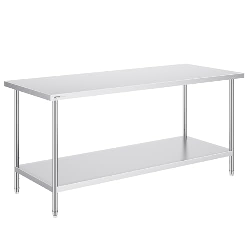 VEVOR Kommerzieller Edelstahltisch 183 x 76 x 86 cm, Edelstahl Zweilagiger Arbeitstisch Zerlegetisch Gastro 150 kg + 100 kg Tragfähigkeit, Gewerbe Küchentisch, Höhenverstellbarer Zubereitungstisch von VEVOR
