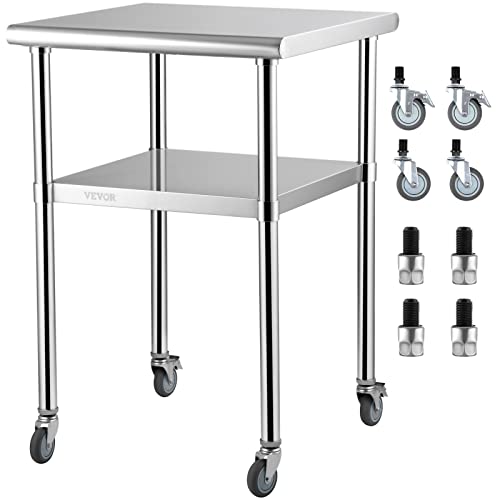 VEVOR Kommerzieller Edelstahltisch 61 x 61 x 91,4 cm, Rollbarer Zweilagiger Arbeitstisch Zerlegetisch Gastro 181,4 kg + 91 kg Tragfähigkeit, Gewerbe Küchentisch, Zubereitungstisch Küchenmöbel von VEVOR