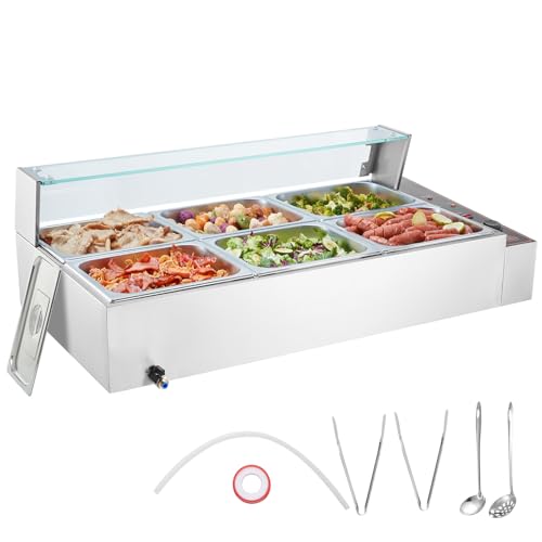 VEVOR Kommerzieller Speisenwärmer mit 6 x 8 Qt Behältern, elektrischer Dampftisch mit Glasabdeckung, 1500 W Arbeitsplatte aus Edelstahl, Buffet-Bain-Marie, 30–85 °C Temperaturregelung für Gastronomie von VEVOR