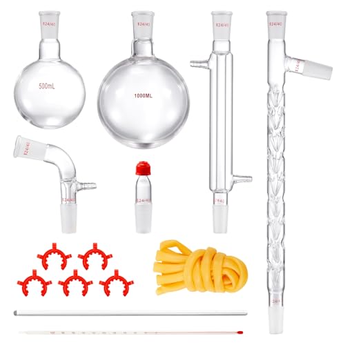 VEVOR Labor-Destillationsset, Destillationsset für Laborglaswaren, 3.3 Boro mit 24, 40 Verbindungen, 1000 ml, 14-teiliges Set für die Destillation von ätherischen Ölen von VEVOR