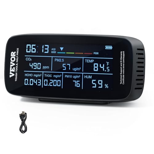 VEVOR Luftqualitätsmonitor 9-IN-1 CO2 Temperatur Luftfeuchtigkeit Formaldehyd TVOC AQI Tester professioneller PM2.5 PM10 PM1.0 Partikelzähler für Innen/Außen Luftqualitätsmessgerät mit Alarmschwellen von VEVOR