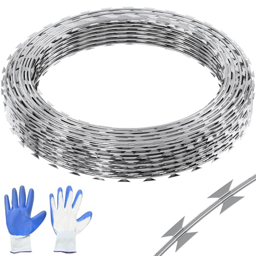 VEVOR Natodraht 30 m (2 Rollen x 15 m) Stacheldraht Spirale Sperrdraht Stacheldrahtzaun (0,51 mm) scharfe Klingen und (ca. 4 mm) dicke Kerndrähte Maschendraht für außergewöhnlichen Spiralschutz von VEVOR