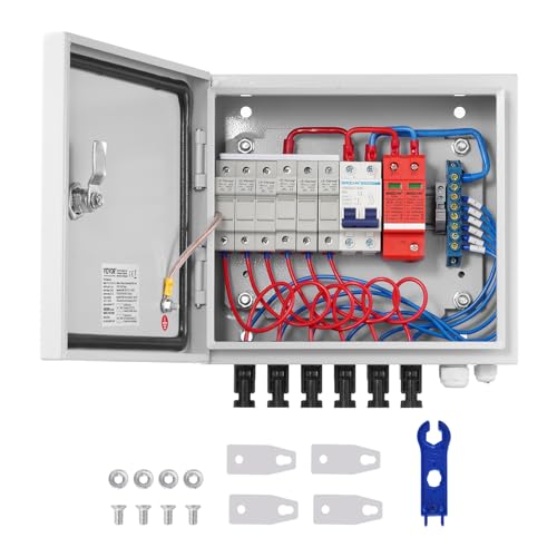 VEVOR PV-Combiner-Box, 6-String, Solar-Combiner-Box mit 15 A Nennstromsicherung, 125 A Leistungsschalter, Blitzableiter und Solaranschluss, Stahlgehäuse für On-/Off-Grid-Solarpanelsystem, IP65 von VEVOR