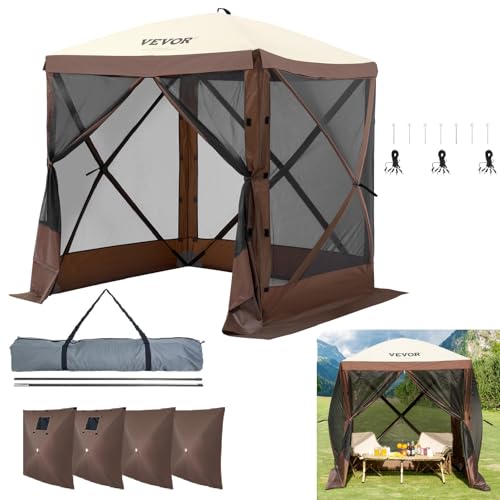 VEVOR Pop-Up-Pavillonzelt, Pop-Up-Zelt mit 4-seitigem Baldachin, Sonnenschutz mit 4 abnehmbaren Sichtschutz-Windtüchern und Netzfenstern, 6 x 6 Fuß, Schnellaufbau-Zelt mit Moskitonetz, braun von VEVOR