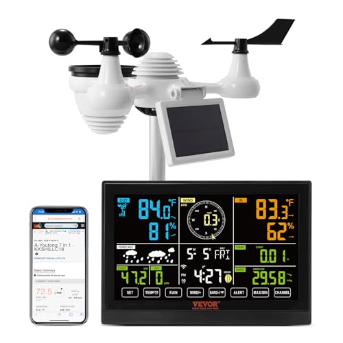 VEVOR Profi WLAN-Wetterstation 7-in-1 solarbetrieben Wettercenter 7,5-Zoll-Display 150m Übertragungsreichweite Außensensor für Windgeschwindigkeit Windrichtung Temperatur Luftfeuchtigkeit Niederschlag von VEVOR