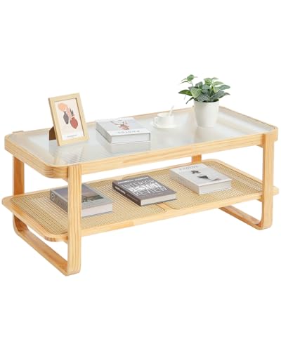 VEVOR Rattan-Couchtisch rechteckiger Kaffeetisch aus geflochtenem Rattanholz mit Tischplatte aus gehärtetem Glas, 115 cm moderner Boho-Couchtisch mit Stauraum & Beinen aus Naturholz, Wohnzimmer von VEVOR