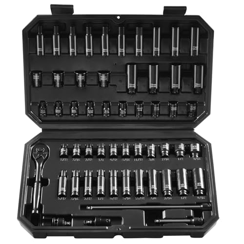 VEVOR Schlagsteckschlüsselsatz 6,35 mm, 55-teiliger tiefer und flacher Steckschlüsselsatz SAE 5/32-9/16 Zoll und metrisch 4-15 mm, für Autoreparaturen, leicht lesbare Größenmarkierungen von VEVOR