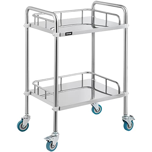 VEVOR Servierwagen Edelstahl Serving Lab Trolley 2 Böden Laborwagen Tragbar Abräumwagen Medical Dental Lab Cart Transportwagen Rollwagen Medizinisch Universalräder Zwei Fußbremsen Breite Anwendung von VEVOR