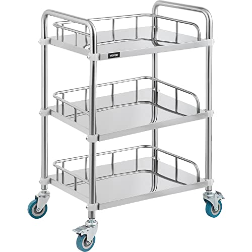 VEVOR Servierwagen Edelstahl Serving Lab Trolley 3 Böden Laborwagen Tragbar Abräumwagen Medical Dental Lab Cart Transportwagen Rollwagen Medizinisch Universalräder Zwei Fußbremsen Breite Anwendung von VEVOR