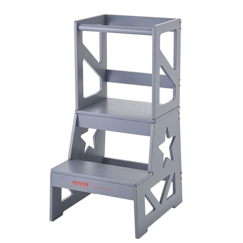 VEVOR Tritthocker Kinder 68 kg Gewichtskapazität Trittschemel 864 × 389 x 486 mm Hocker Kiefernholz 465 mm Plattformhöhe 246 mm Pedalhöhe Lernturm Kinderschemel Trittschemel Kinderhocker Grau von VEVOR