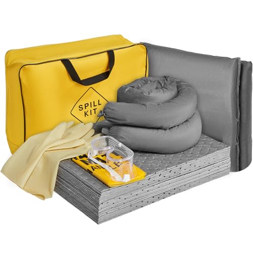 VEVOR Universal-Spill-Kit, 43-teiliges Spill-Control-Zubehör, inkl. 30 Universal-Sorptionspads, 2 Universal-Sorptionssocken 3 x 4 Fuß, 2 Entsorgungskissen, Gummihandschuhe & Tasche von VEVOR