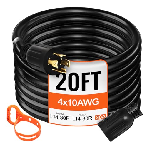 VEVOR Verlängerungskabel für Generator, 20 m, 30 A, 10 Gauge, 4 Spitzen, NEMA L14-30P, 125/250 V, 7500 W, robustes Stromkabel mit Verriegelungssteckern VEVOR Verlängerungskabel für Generator, 20 m, 30 A, 10 Gauge, 4 Spitzen, NEMA L14-30P, 125/250 V, 7500 W, robustes Stromkabel mit Verriegelungssteckern von VEVOR